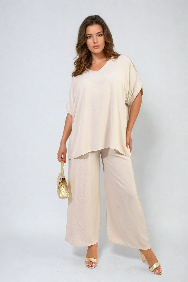 Button Detail V Neck Loose Top and Wide Leg Trouser Co-ord Set Moda