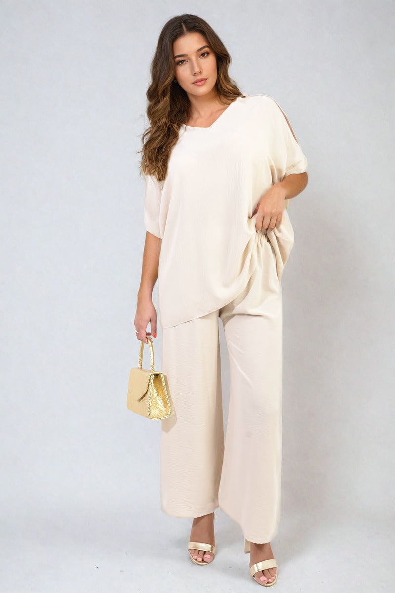 Button Detail V Neck Loose Top and Wide Leg Trouser Co-ord Set Moda