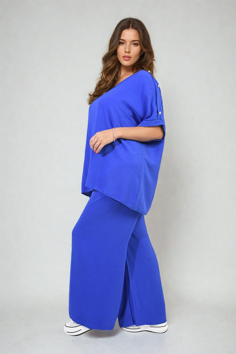 Button Detail V Neck Loose Top and Wide Leg Trouser Co-ord Set Moda