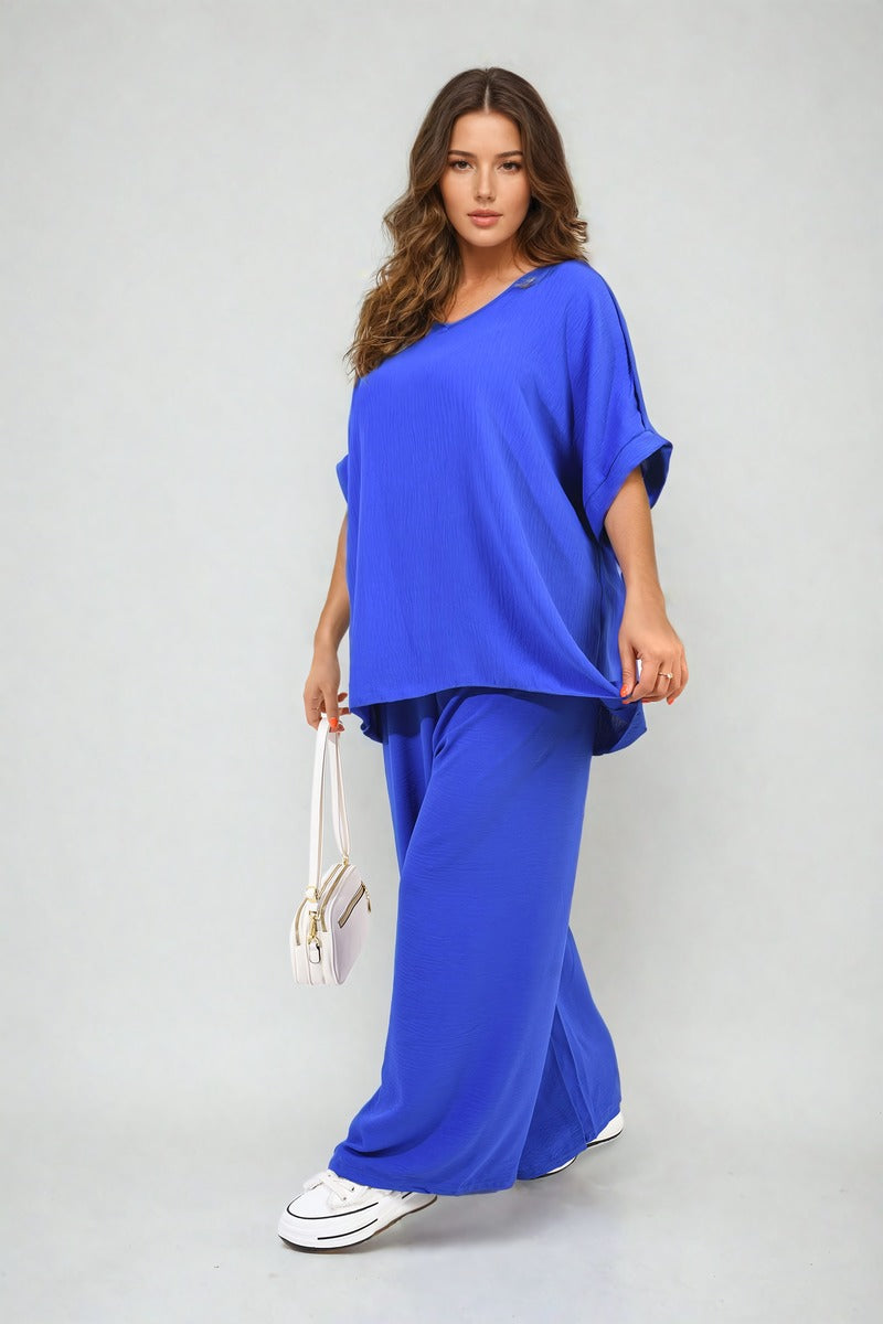 Button Detail V Neck Loose Top and Wide Leg Trouser Co-ord Set Moda