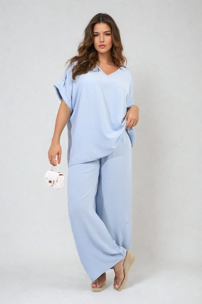 Button Detail V Neck Loose Top and Wide Leg Trouser Co-ord Set Moda