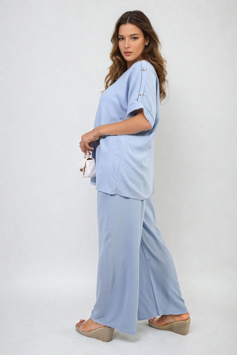 Button Detail V Neck Loose Top and Wide Leg Trouser Co-ord Set Moda