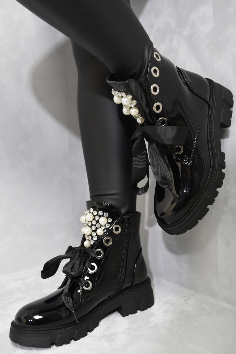 Pearl Rhinestone Lace up Round Toe Ankle Boots