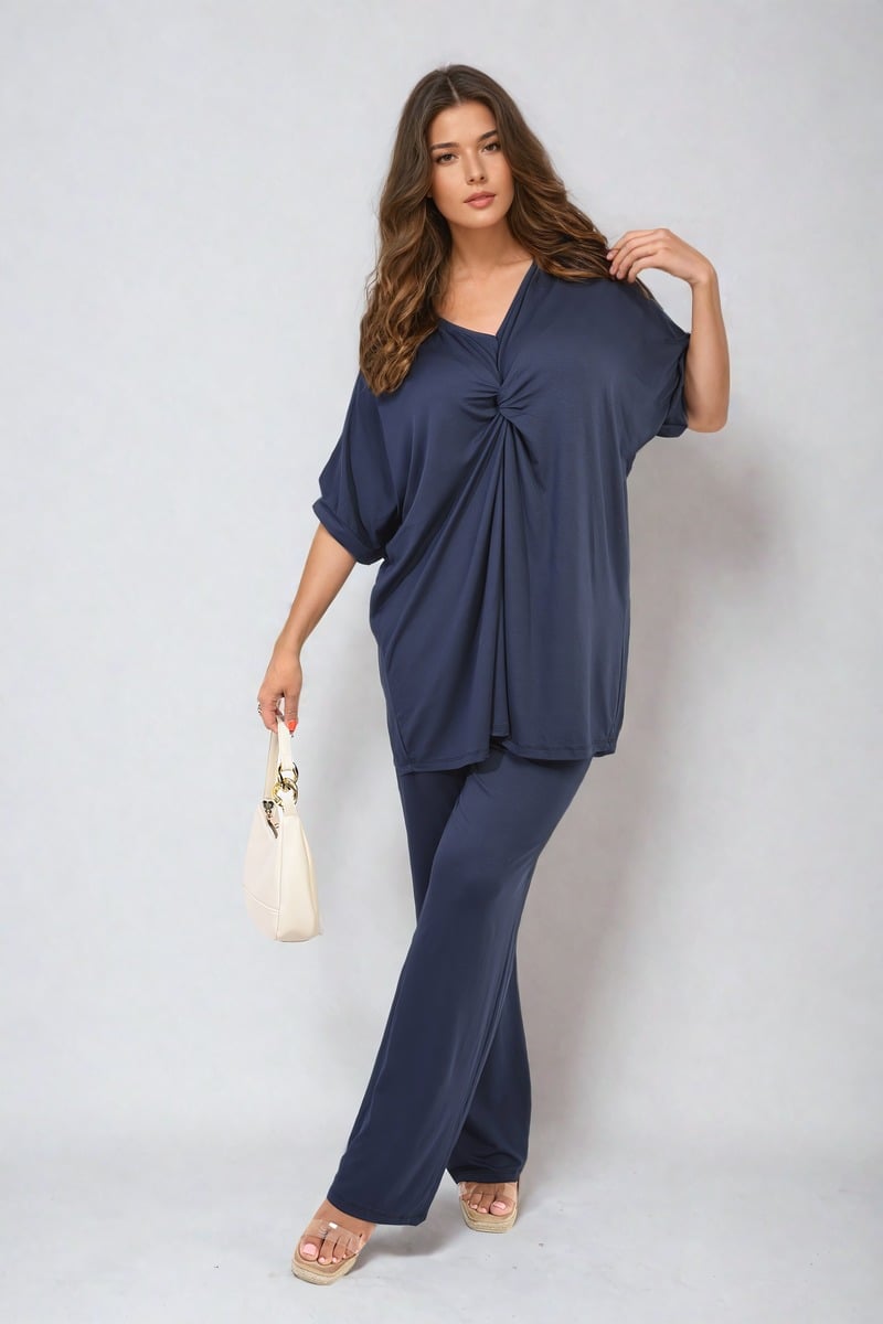 Twist Front Plunge Neckline Top and Trouser Co-ord Set Moda