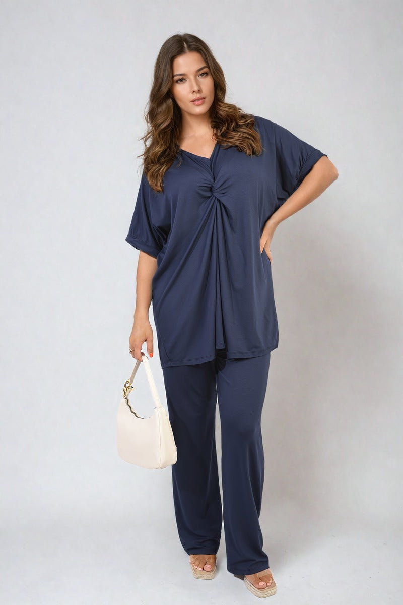 Twist Front Plunge Neckline Top and Trouser Co-ord Set Moda