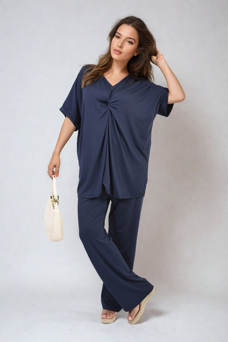 Twist Front Plunge Neckline Top and Trouser Co-ord Set Moda