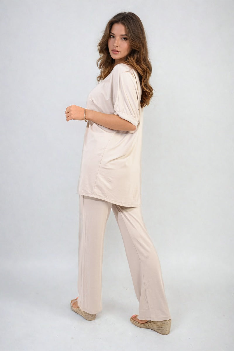 Twist Front Plunge Neckline Top and Trouser Co-ord Set Moda