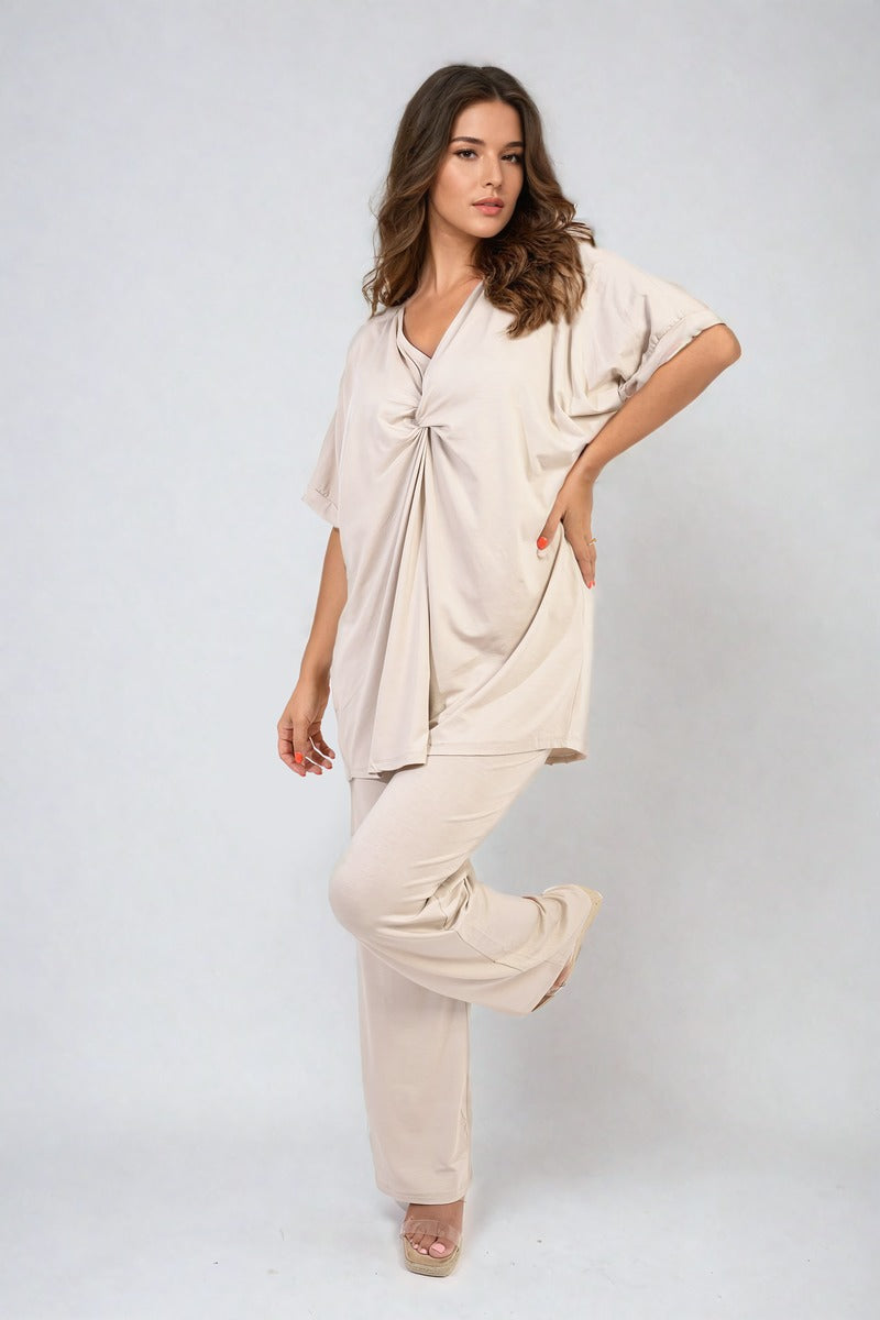 Twist Front Plunge Neckline Top and Trouser Co-ord Set Moda