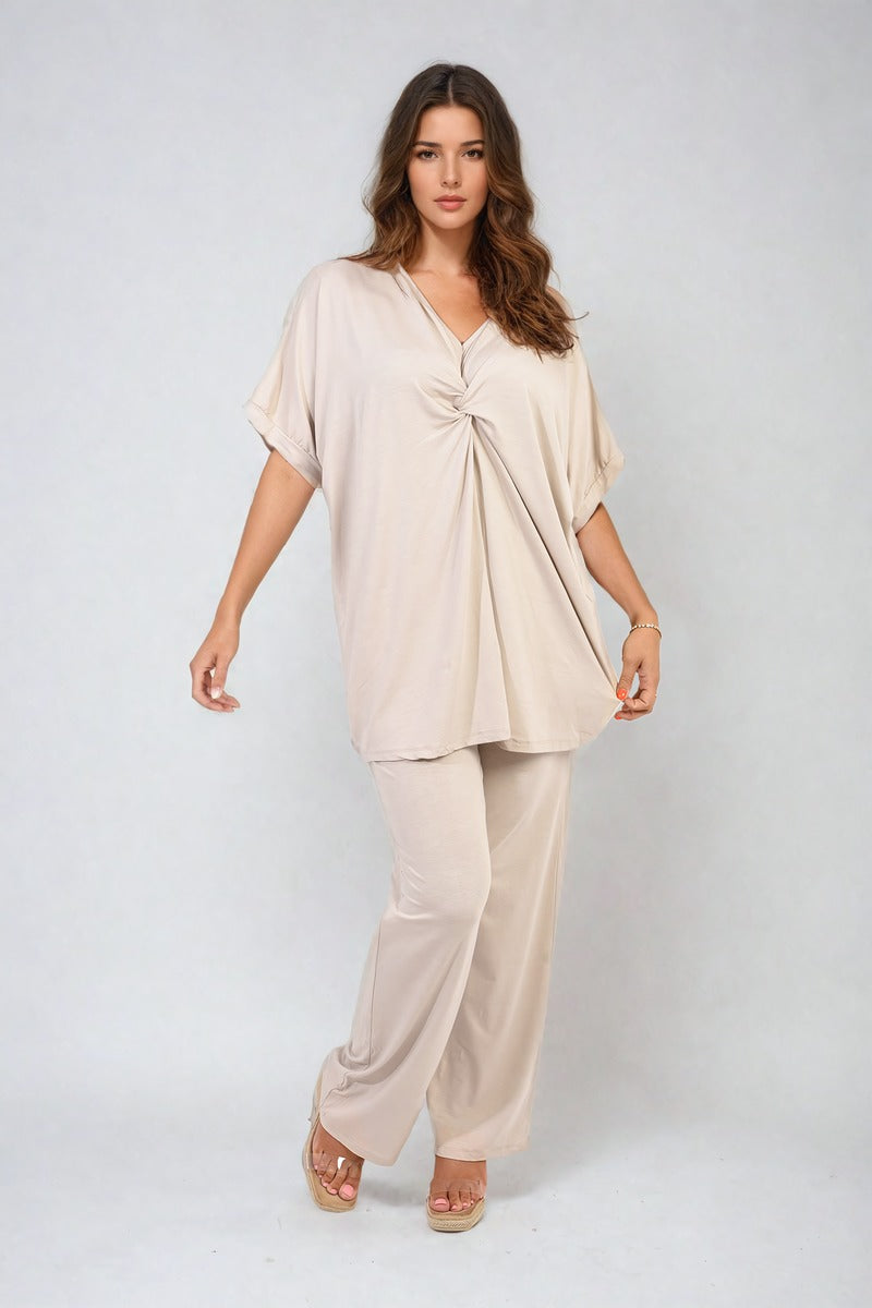 Twist Front Plunge Neckline Top and Trouser Co-ord Set Moda