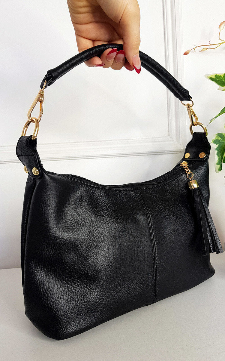 Faux Leather Shoulder Bag with Tassel Zip and Removable Strap Moda