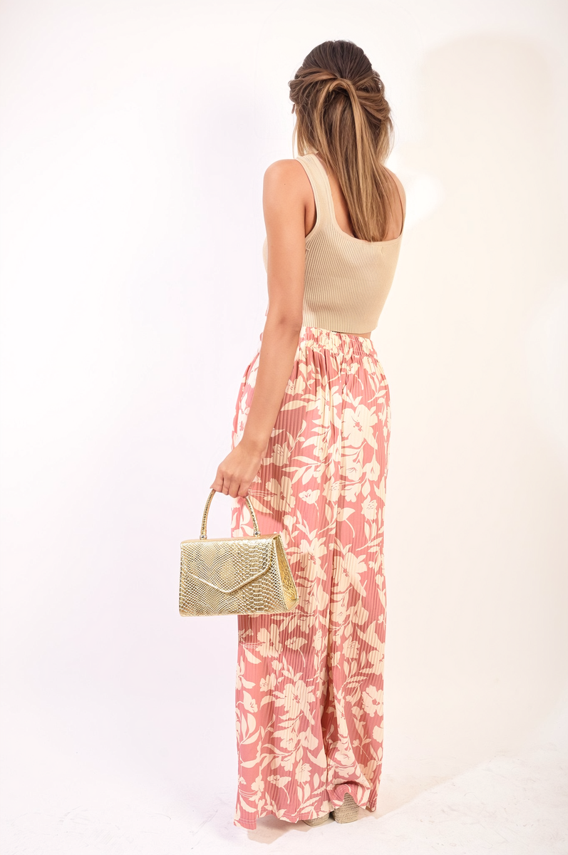 Pleated Wide Leg Floral Print Trousers Moda