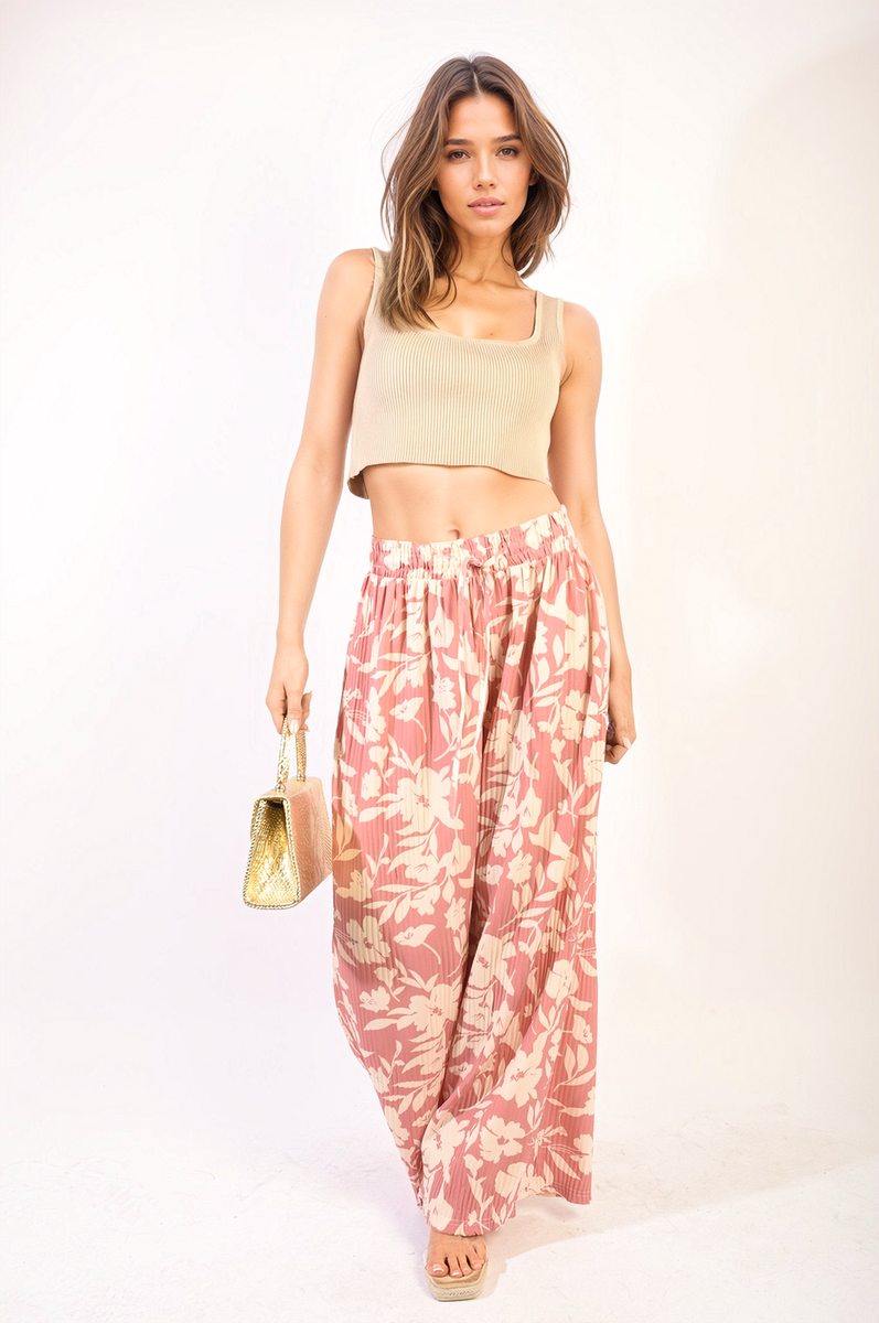 Pleated Wide Leg Floral Print Trousers Moda