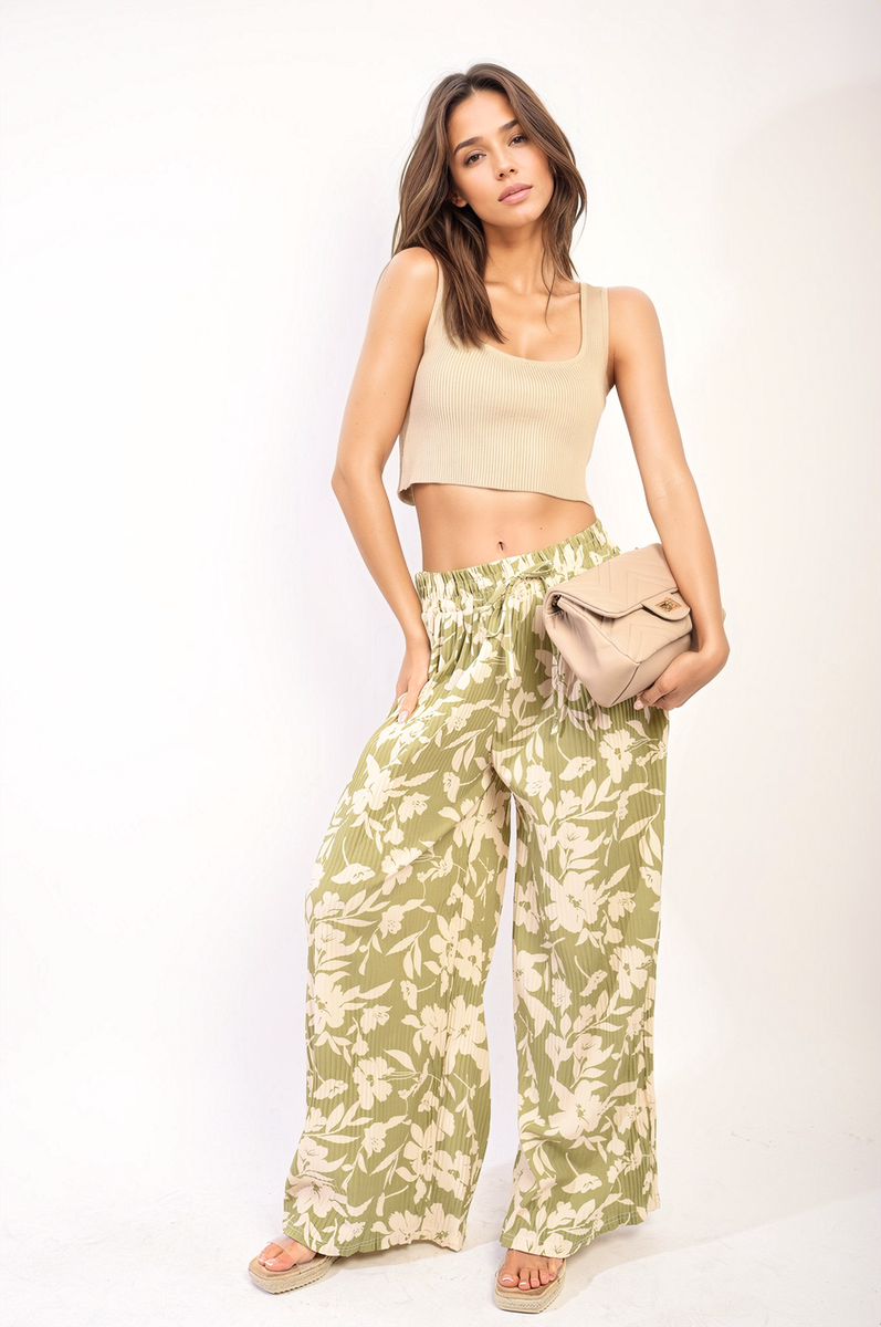 Pleated Wide Leg Floral Print Trousers Moda