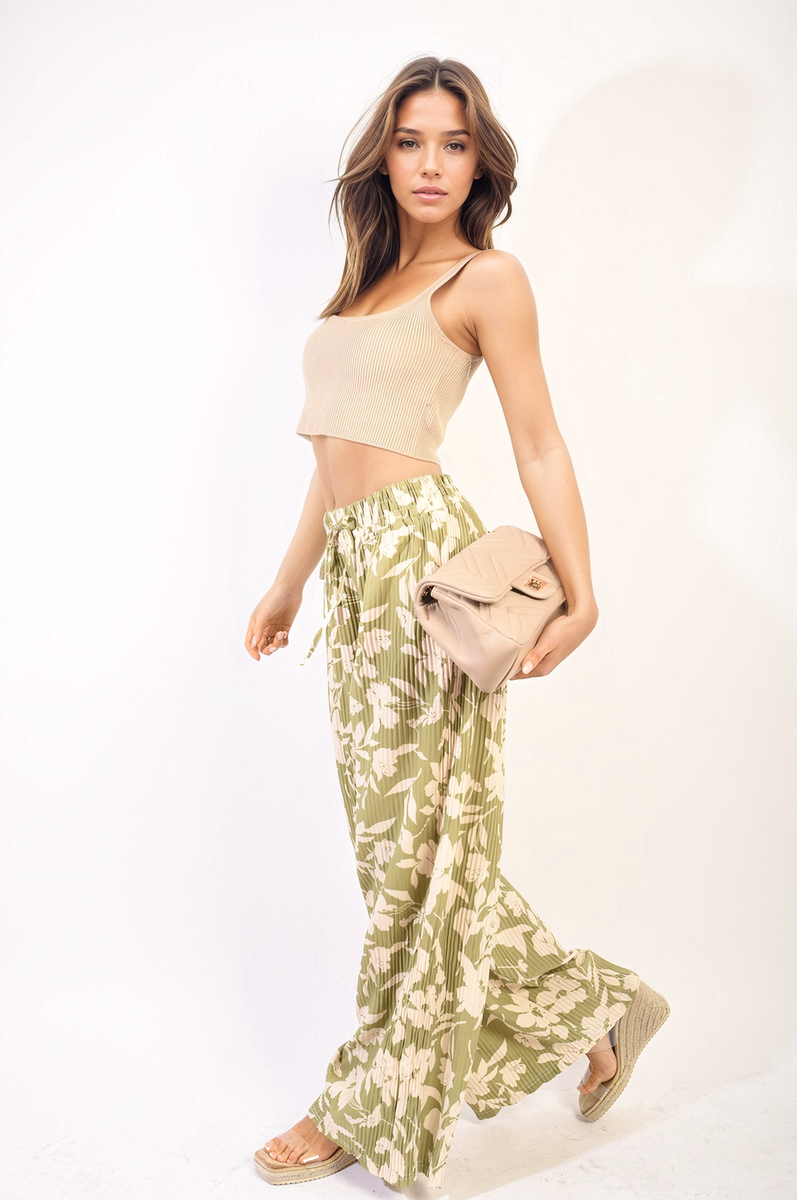 Pleated Wide Leg Floral Print Trousers Moda