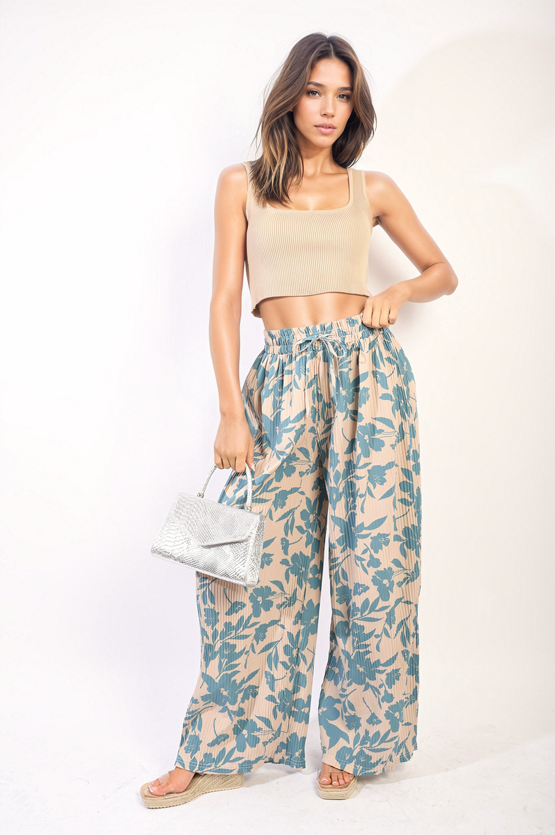 Pleated Wide Leg Floral Print Trousers Moda