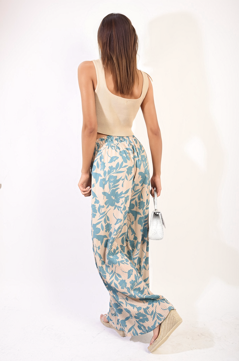 Pleated Wide Leg Floral Print Trousers Moda