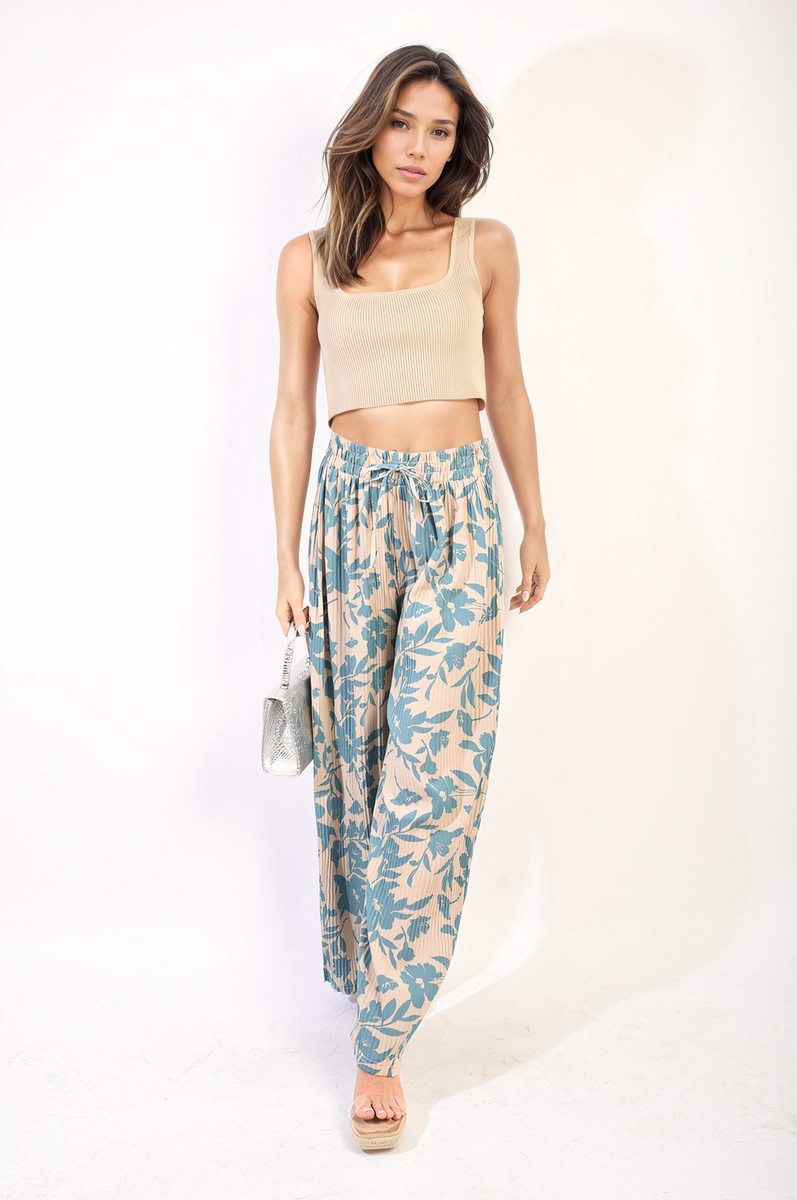 Pleated Wide Leg Floral Print Trousers Moda