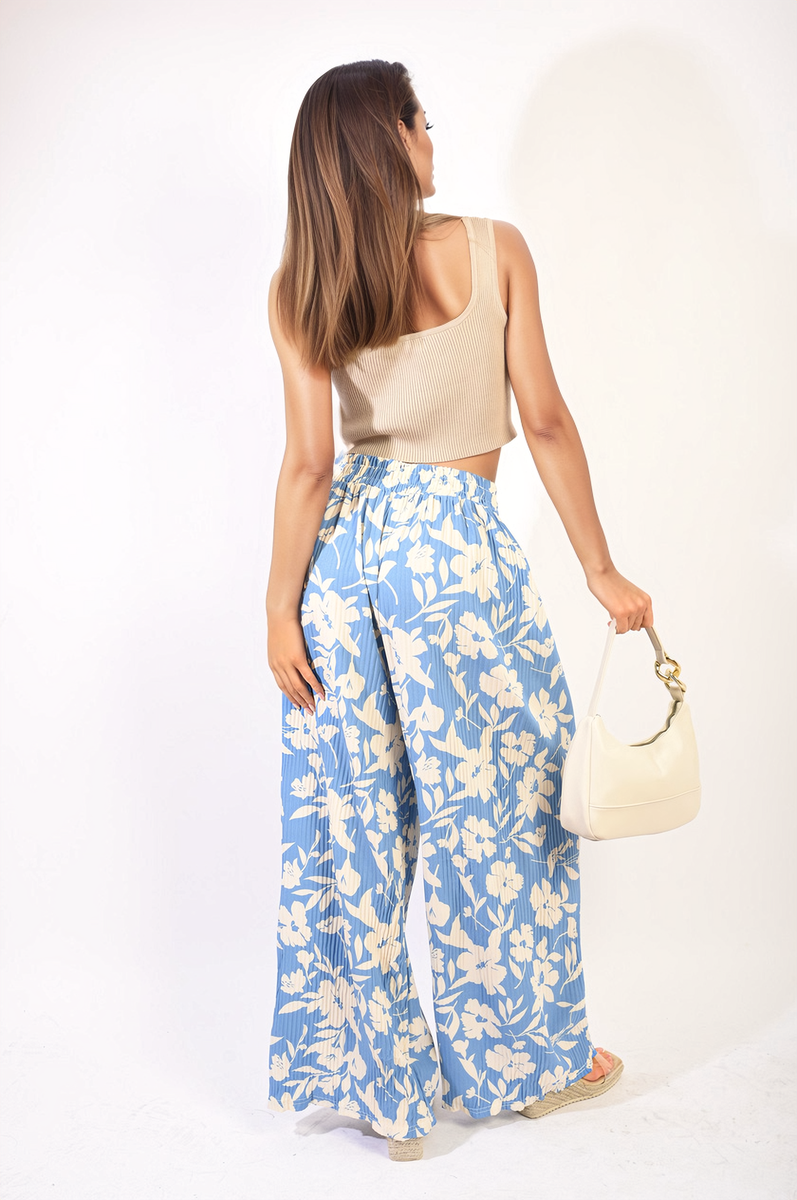 Pleated Wide Leg Floral Print Trousers Moda