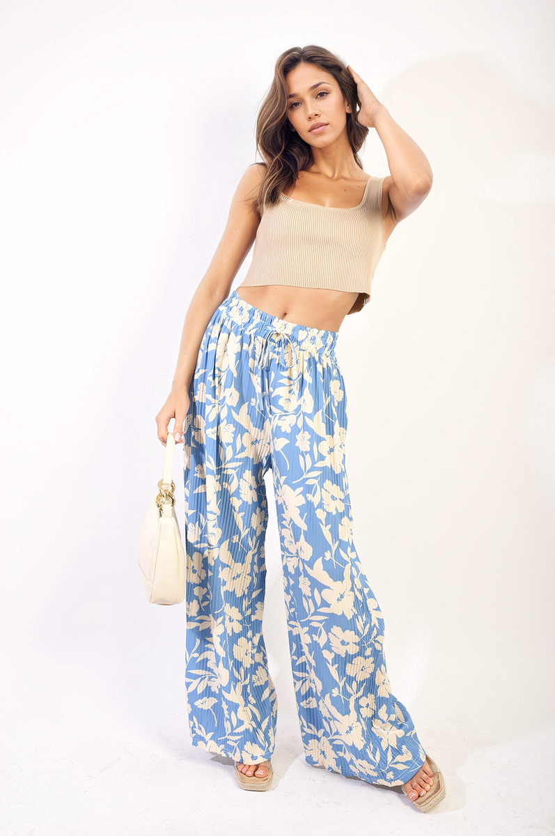 Pleated Wide Leg Floral Print Trousers Moda