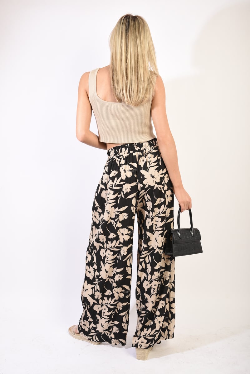 Pleated Wide Leg Floral Print Trousers Moda