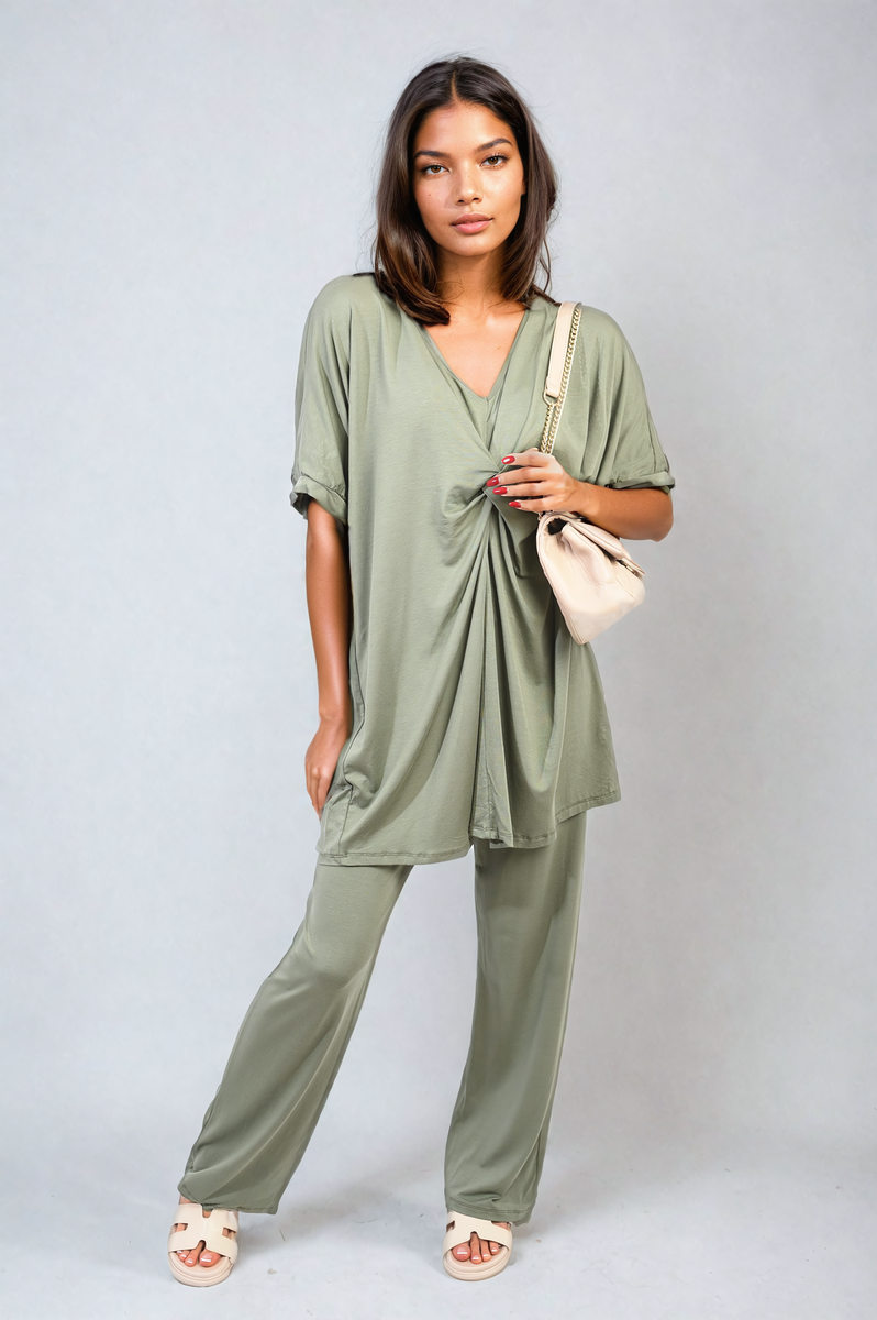 Twist Front Plunge Neckline Top and Trouser Co-ord Set Moda