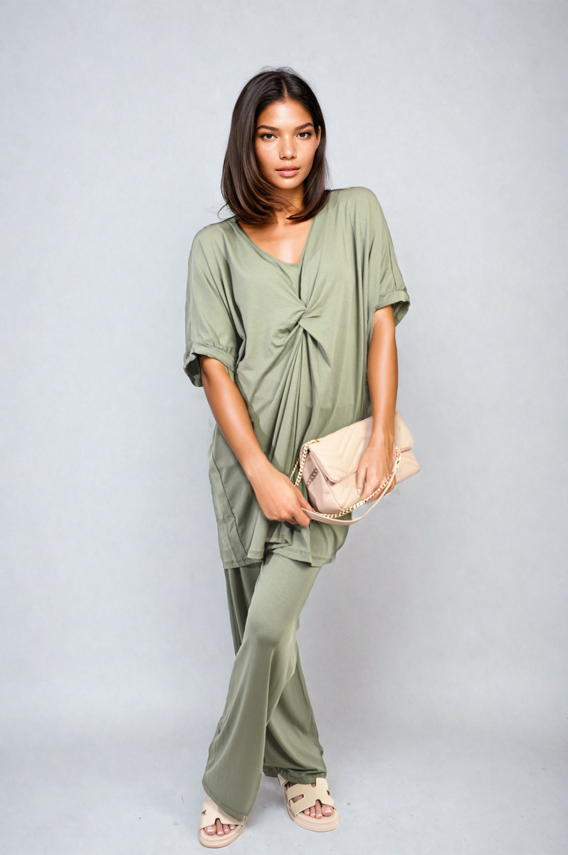 Twist Front Plunge Neckline Top and Trouser Co-ord Set Moda