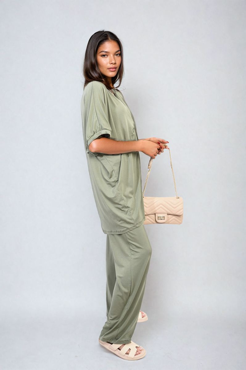 Twist Front Plunge Neckline Top and Trouser Co-ord Set Moda