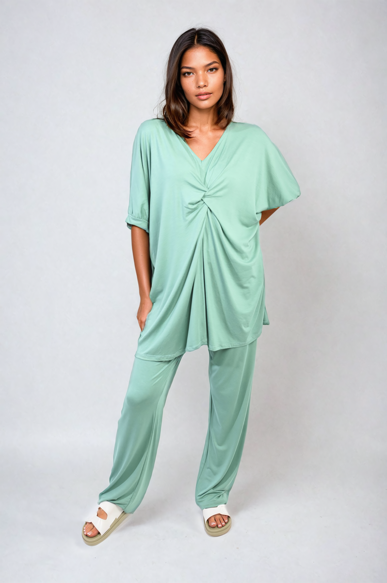 Twist Front Plunge Neckline Top and Trouser Co-ord Set Moda