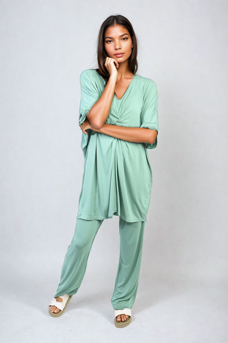 Twist Front Plunge Neckline Top and Trouser Co-ord Set Moda