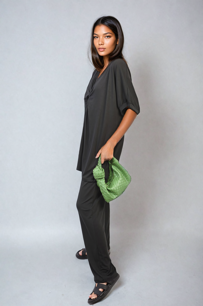 Twist Front Plunge Neckline Top and Trouser Co-ord Set Moda