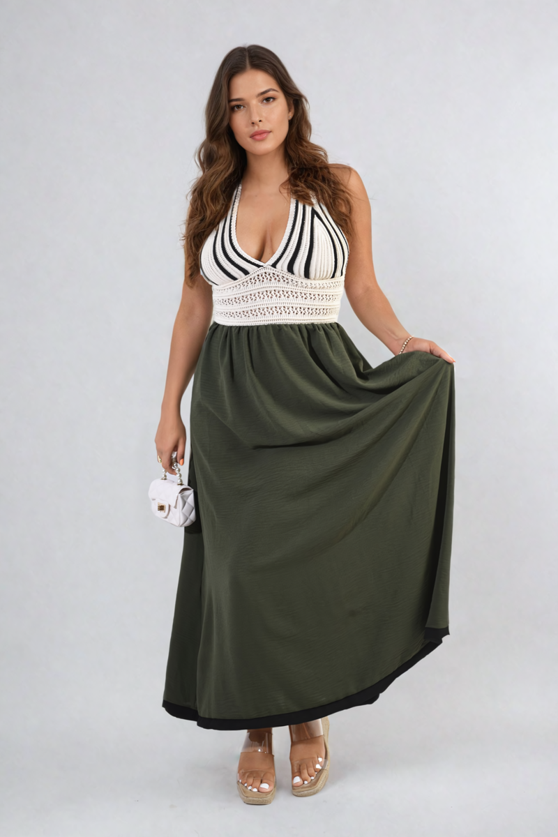 Crochet V-Neck Halter Backless Maxi Dress Moda