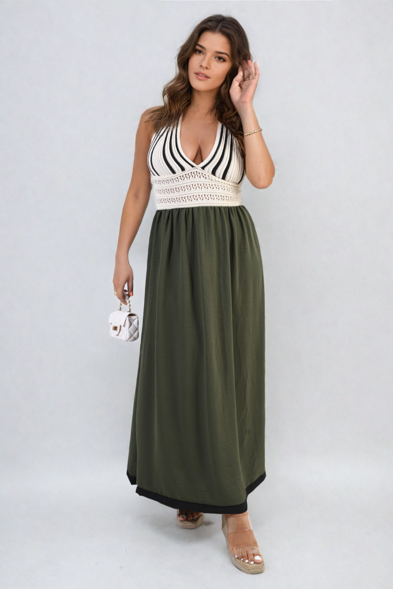 Crochet V-Neck Halter Backless Maxi Dress Moda