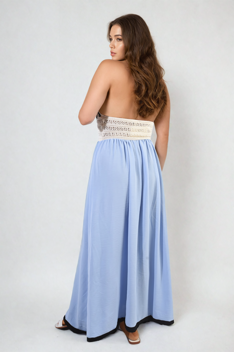 Crochet V-Neck Halter Backless Maxi Dress Moda