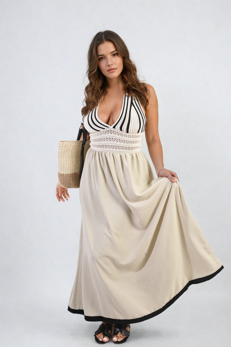 Crochet V-Neck Halter Backless Maxi Dress Moda