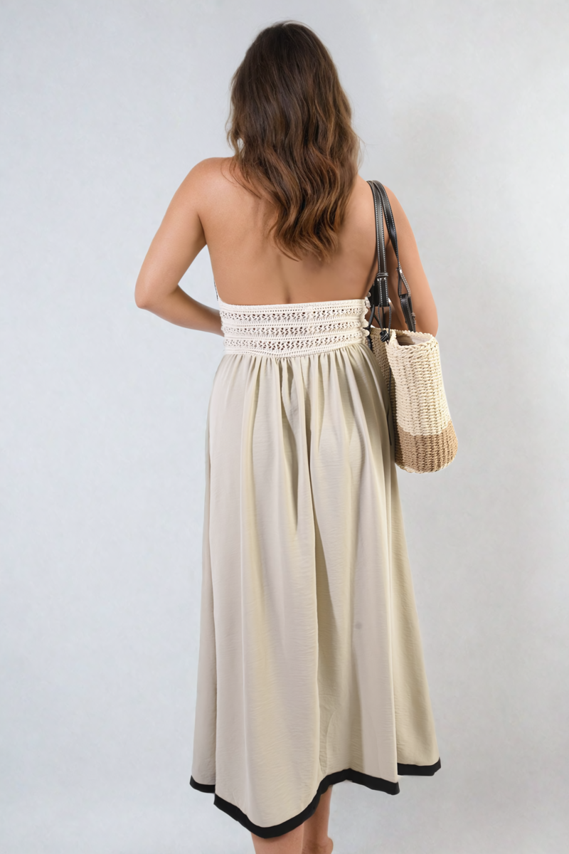 Crochet V-Neck Halter Backless Maxi Dress Moda