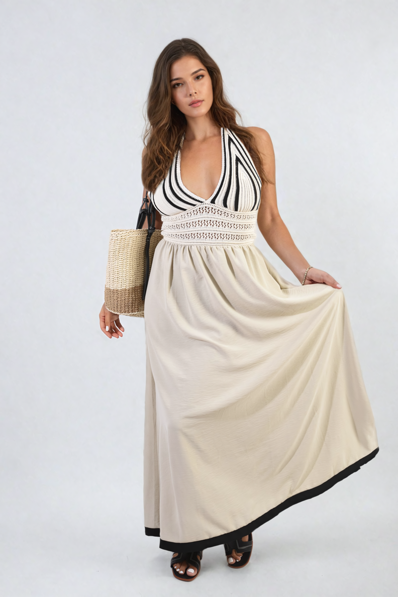 Crochet V-Neck Halter Backless Maxi Dress Moda