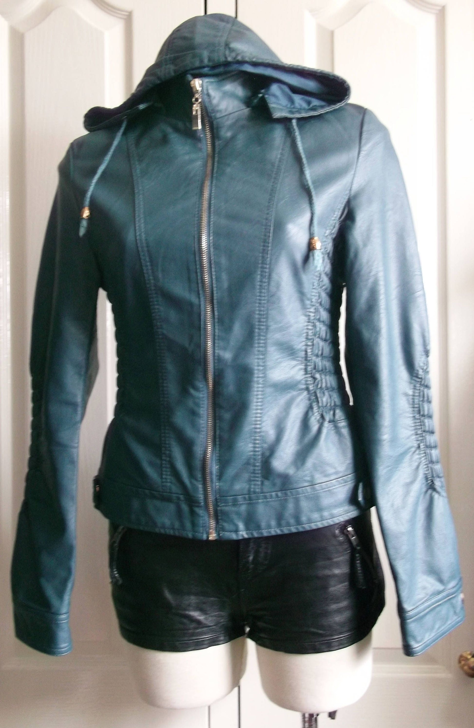 bottle green faux leather French Designer Vintage . size 10-12hooded faux leather jacket Etsy