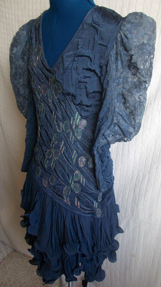 Ann Bolon Vintage designer dress-leaf design embroidery, ruffled skirt, size 12 Etsy