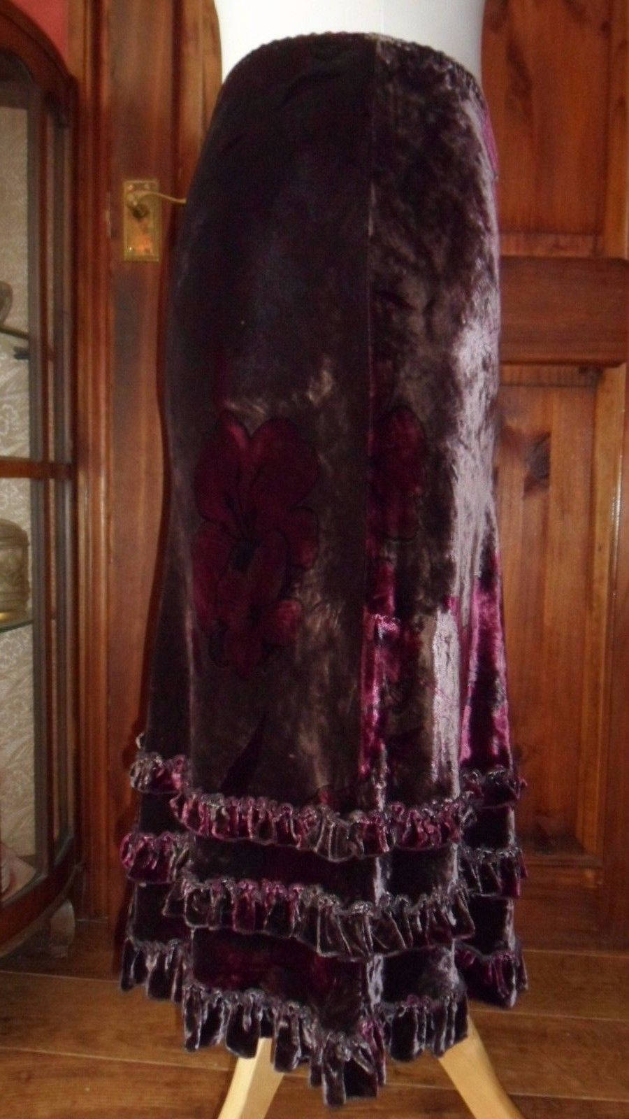 Monsoon silk velvet long tiered ruffle skirt, floral dark brown/purples. size 12 Etsy