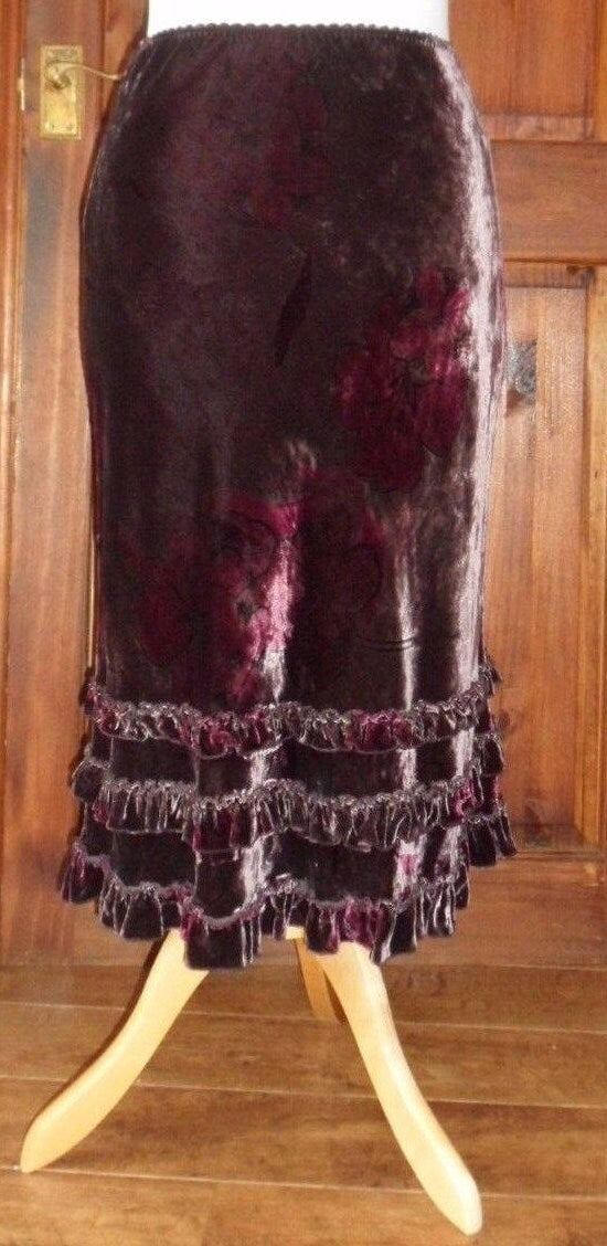 Monsoon silk velvet long tiered ruffle skirt, floral dark brown/purples. size 12 Etsy