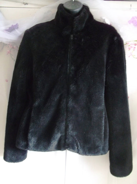 Funky,Fluffy size14, black faux fur jacket,hip length, lined,zip front,mandarin collar. Etsy