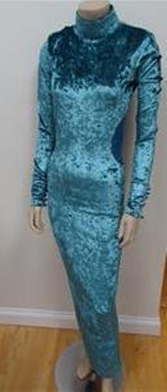 BITCHING & JUNKFOOD ladies turquoise blue velvet long maxi/sheath dress high neck UK 8. mesh back,velvet buttons on cuffs Etsy