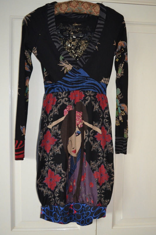 Desigual All Together Black Vintage Japanese Lady Cotton Dress XS,embroidery.stunning designer item Etsy