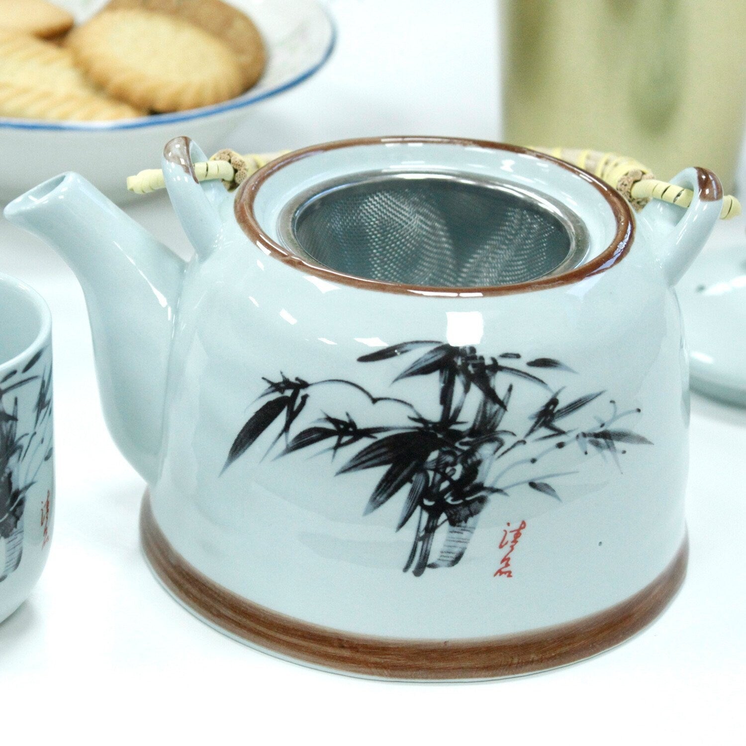 Ceramic Herbal Teapot Set - BLUE ORIENTAL with metal strainer in the lid and six matching cups. Etsy