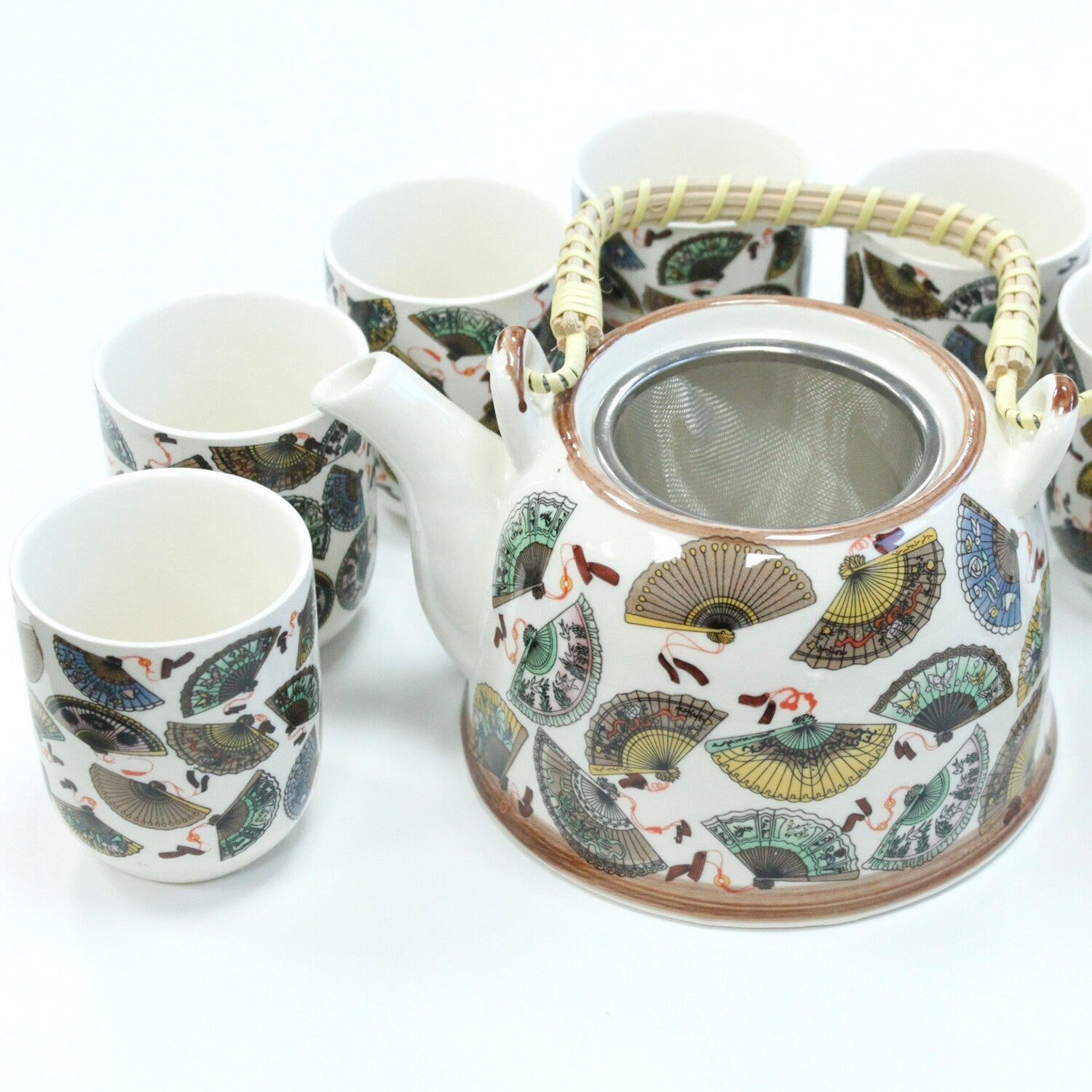 CeramicHerbal Teapot Set - FANS with metal strainer in the lid and six matching cups. Etsy