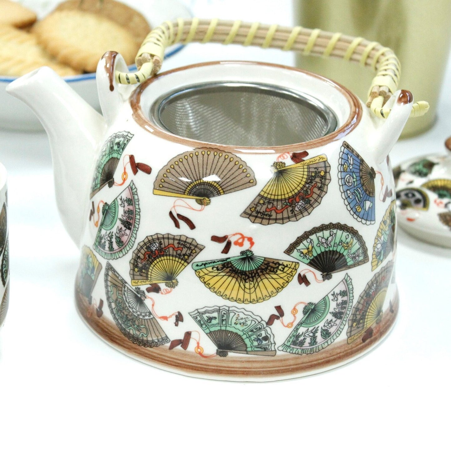 CeramicHerbal Teapot Set - FANS with metal strainer in the lid and six matching cups. Etsy