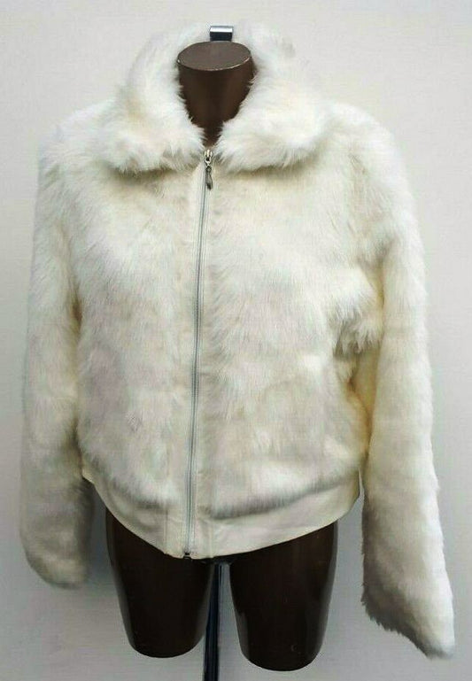 Women's Yazz White Faux bomber Jacket Winter Shaggy faux fur .Faux leather hem &,ZIP Size 16/18uk Etsy