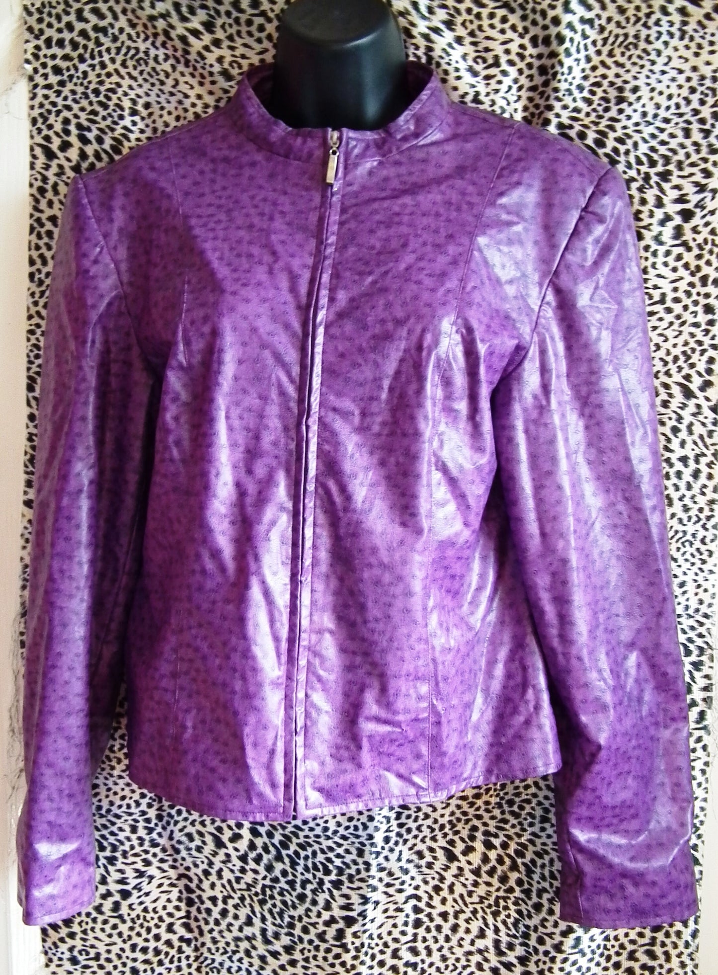 funky punky-faux leather biker style jacket-purple leopard spots, zip fastening.chest 38"/size 12 Etsy