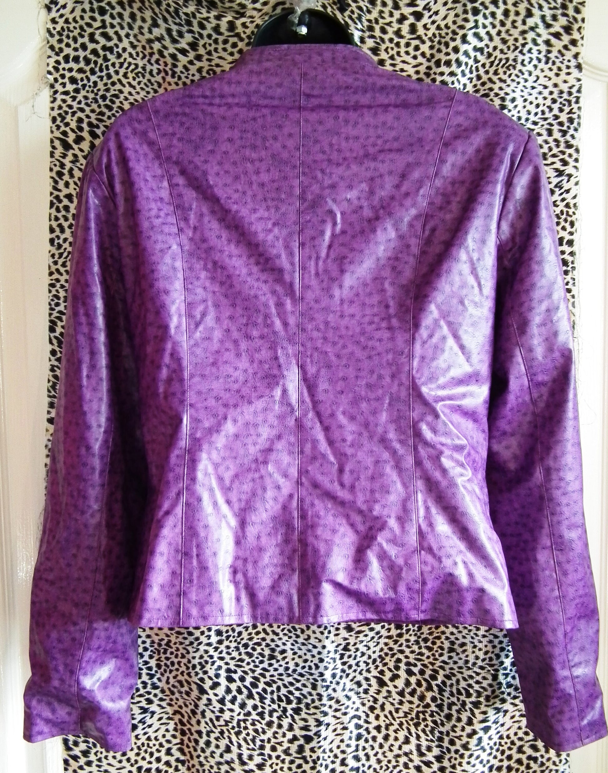 funky punky-faux leather biker style jacket-purple leopard spots, zip fastening.chest 38"/size 12 Etsy