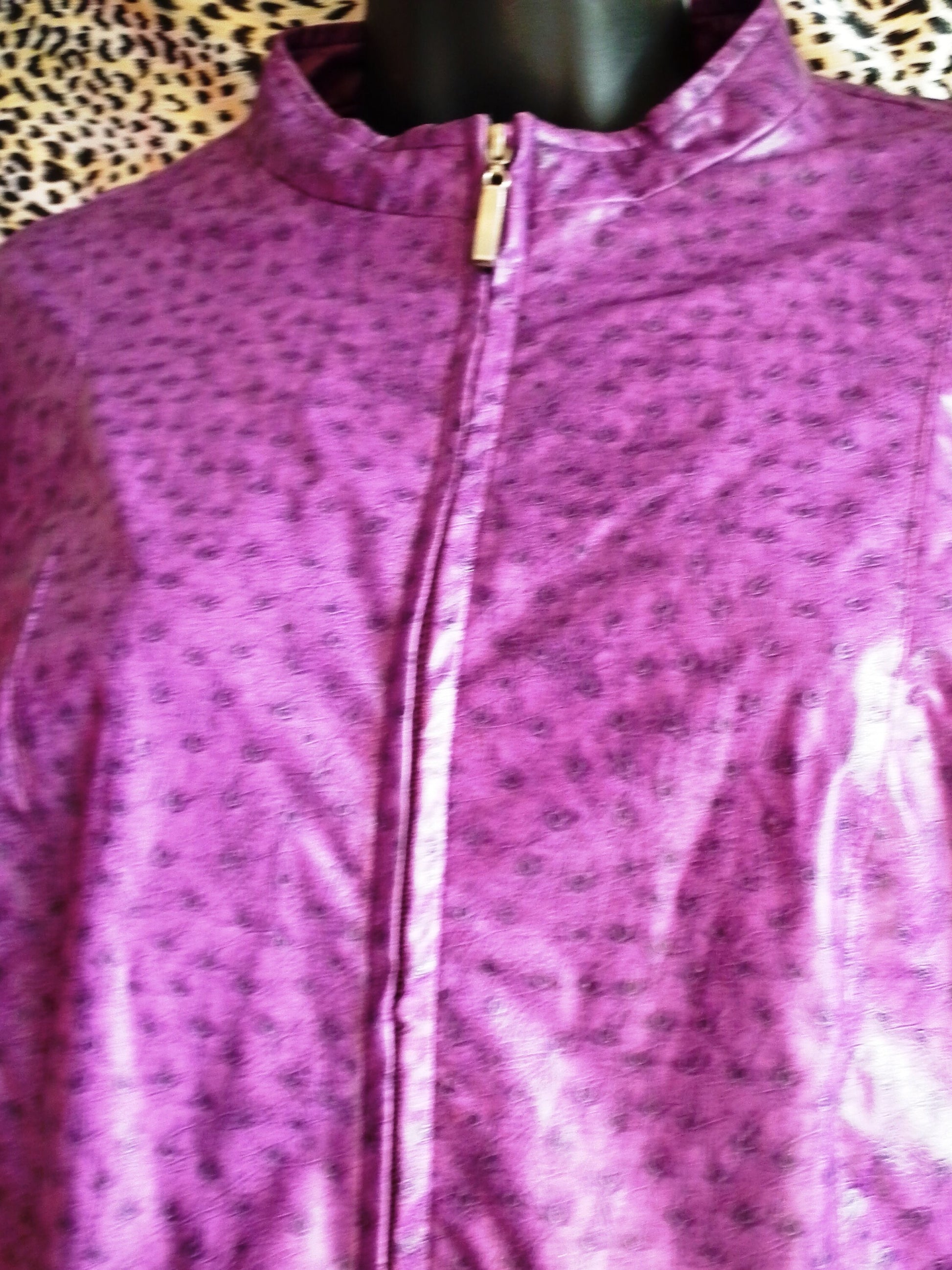 funky punky-faux leather biker style jacket-purple leopard spots, zip fastening.chest 38"/size 12 Etsy